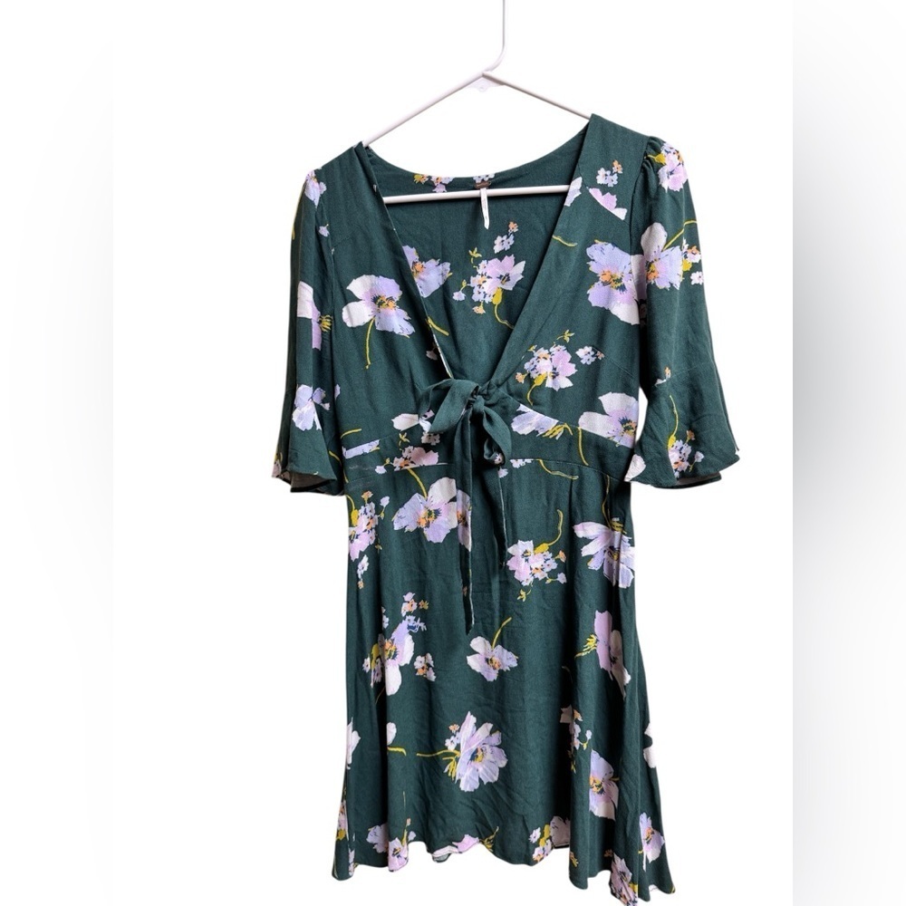 Free People Green Floral Tie Front Mini Dress Size 2 XS Boho Cottagecore - Picture 1 of 4